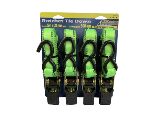 4Pc Ratchet Tie Down 25mm x 5m LC300KG - S Hooks
